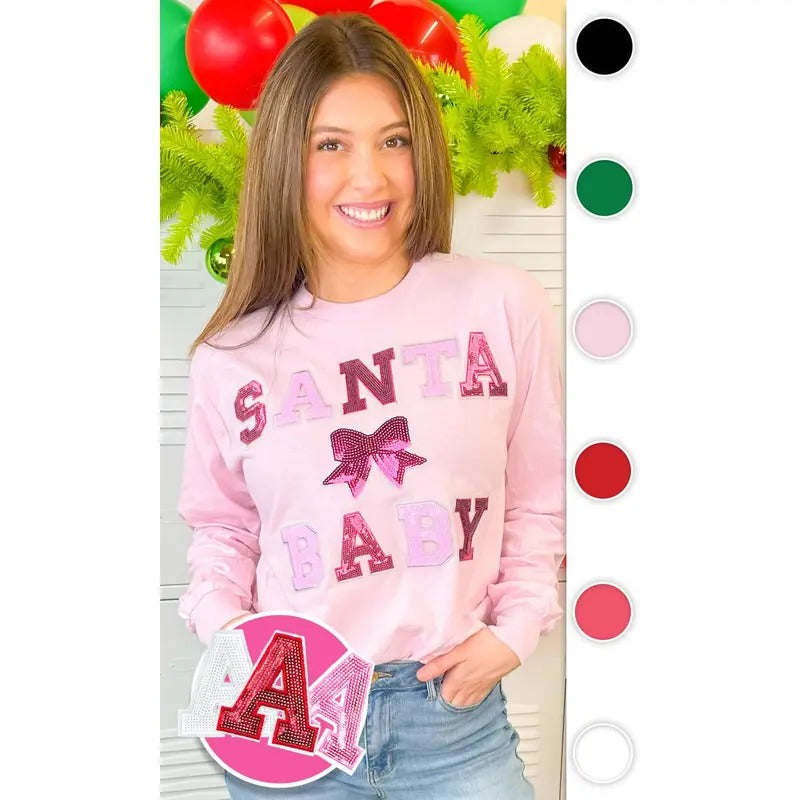 Santa Baby Sequin Graphic Long Sleeve T-Shirt Hoodie Sweatshirt | PrintMintTees.com