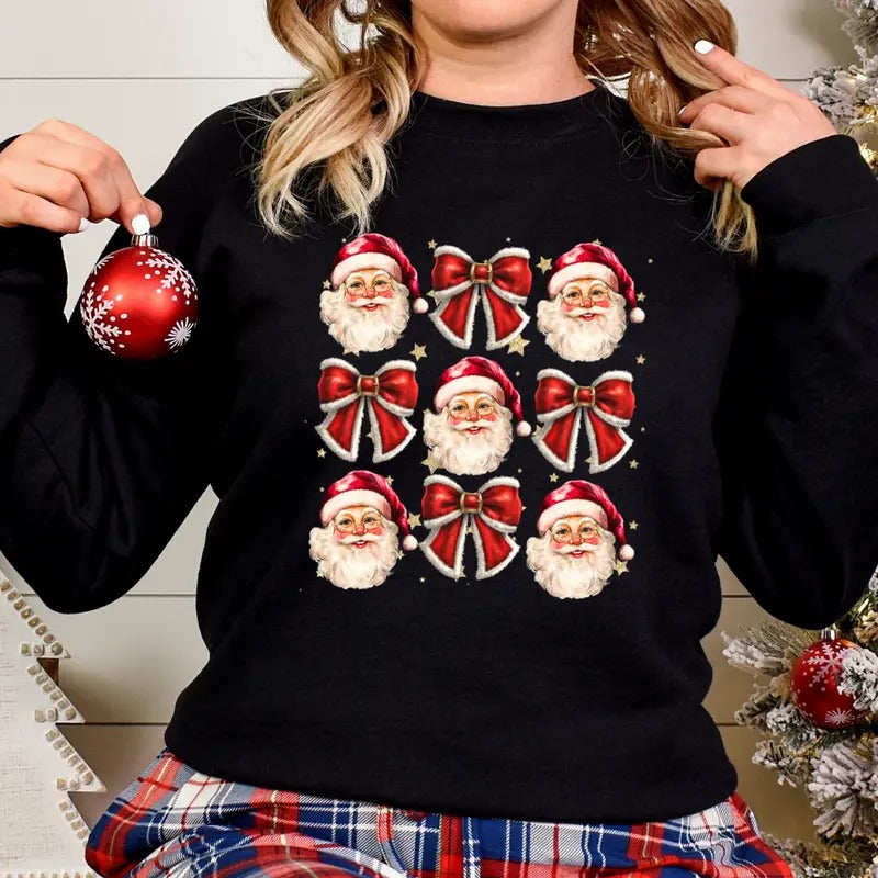 Santa Bows Sweatshirt, Santa Claus Shirt , Santa Vibes Tee, Christmas T-shirt, Cute Christmas Sweatshirt, Full Color...