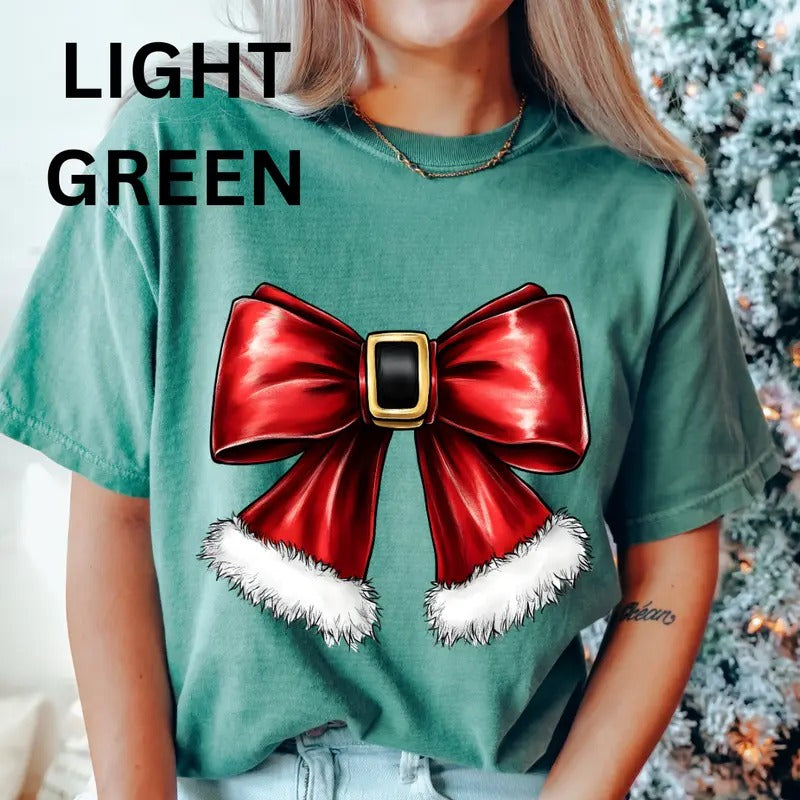 Santa Christmas Bow Shirt, Christmas Bow Shirt, Christmas Santa Shirt (COMFORT COLORS T-SHIRT, CASUAL SHIRT UNISEX,...