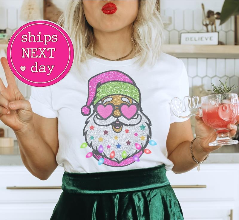 Santa Christmas T-Shirt Faux Glitter Tshirt Holiday Bright Tee Xmas Santa T-Shirt Glitter Faux Tshirt Colorful Santa Tee...