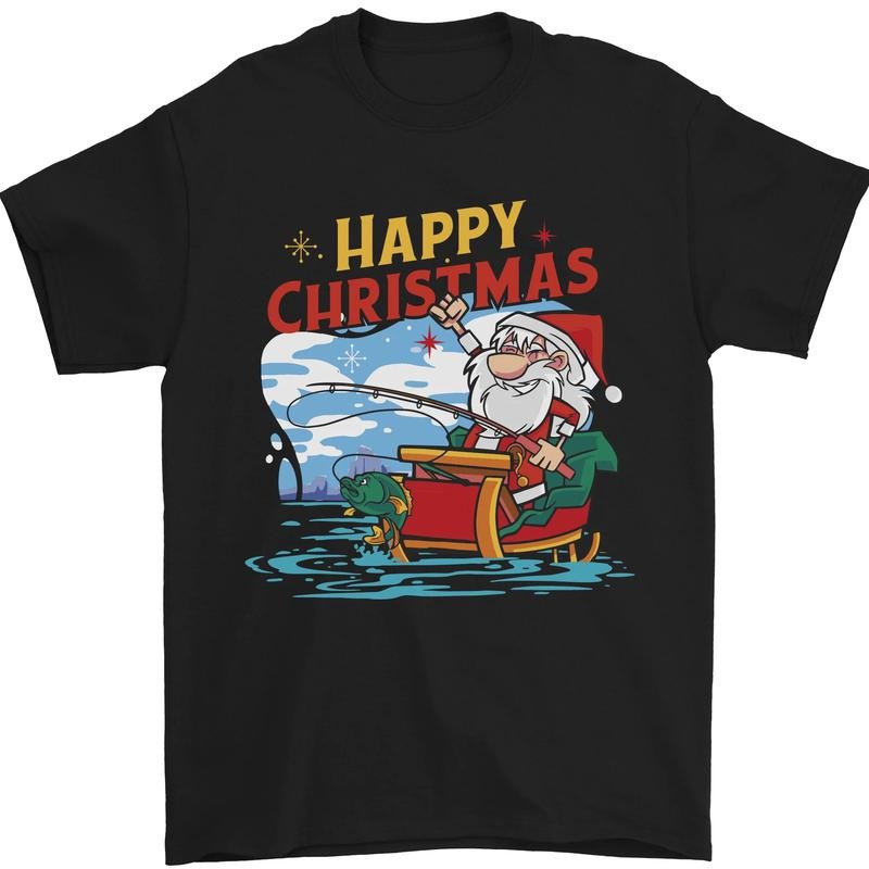 Santa Clause Fishing Funny Christmas Mens T-Shirt Cotton Made in USA Hoodie Sweatshirt | PrintMintTees.com