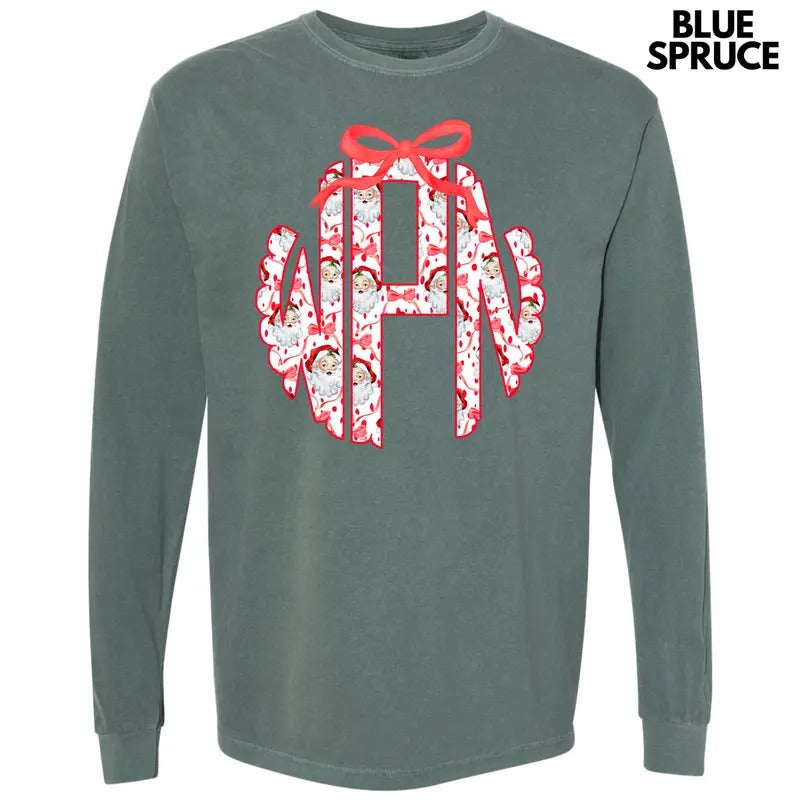 Santa Face Monogram Long Sleeve Comfort Colors T-Shirt 'NLB' Hoodie, Sweatshirt | PrintMintTees.com