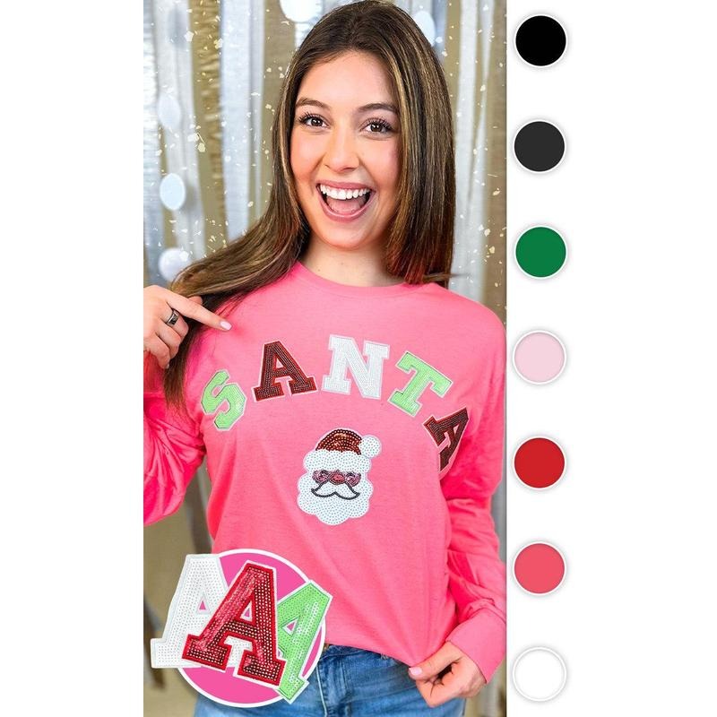 Santa Sequin Graphic Long Sleeve T-Shirt Hoodie Sweatshirt | PrintMintTees.com