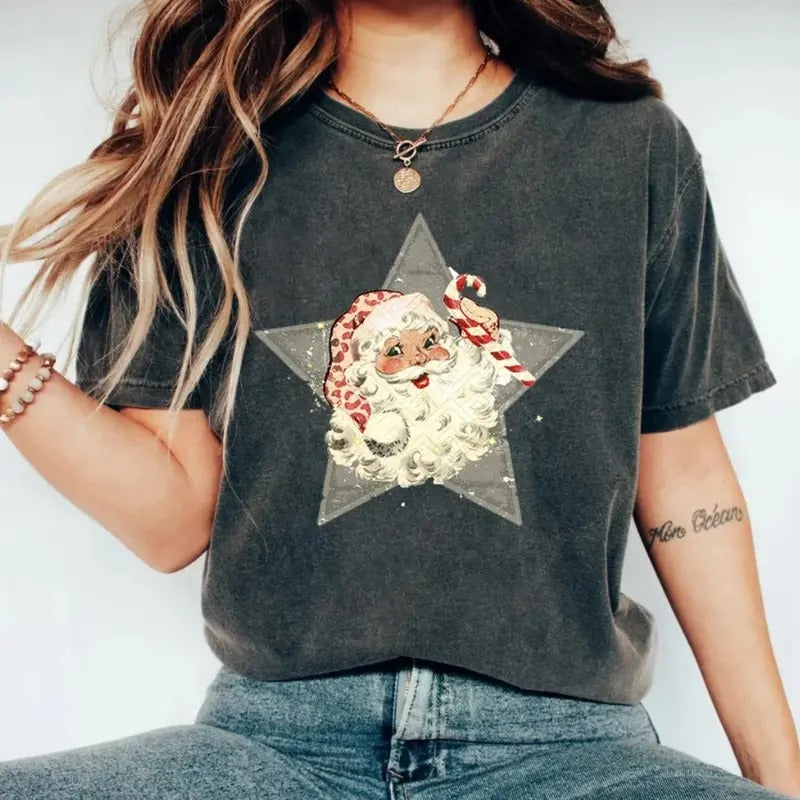 Santa Star Christmas T-Shirt, Funny Christmas t-shirt Womenswear Top Hoodie Sweatshirt | PrintMintTees.com
