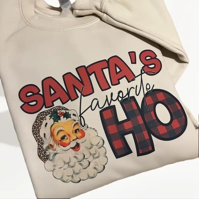 Santa's Favorite Ho Ho Ho Sweatshirt, Trendy Womens Santa Christmas Sweatshirt Cotton Clothes Shirt Hoodie