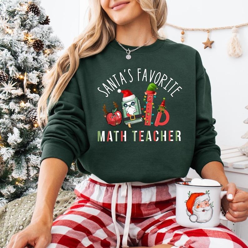 Santa's Favorite Math Teacher Sweatshirt, Sleighing Math Problems Shirt, Very Merry Teacher T-shirt, Math Lover Gift,...