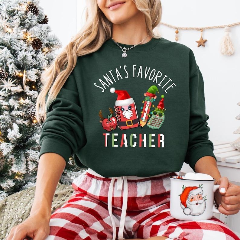 Santa's Favorite Teacher Sweatshirt, Very Merry Teacher T-shirt, Holly Jolly Teacher Tee, Christmas Teacher Life Hoodie,...