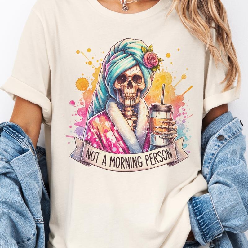 Sarcastic Not A Morning Person Skull Graphic Tee Funny Coffee Skull Tshirt Unisex Womens Sublimation T-shirt Hoodie...