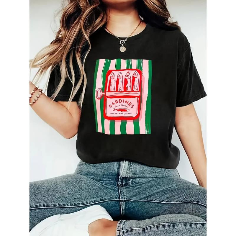 Sardines can pattern print Women's casual T-shirts Casual versatile women's summer short-sleeved tops T-shirts style 02...