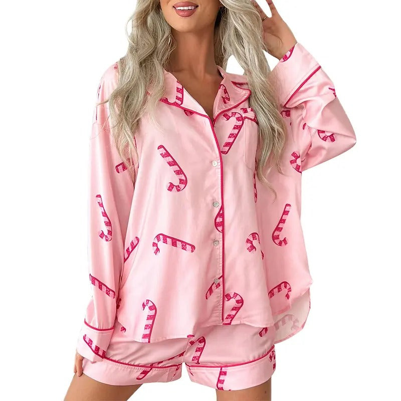 Satin Christmas Pajamas Set for Women 2 Piece Cute Lounge Set Long Sleeve Button Down Shirt Shorts Party Pj Set Hoodie...
