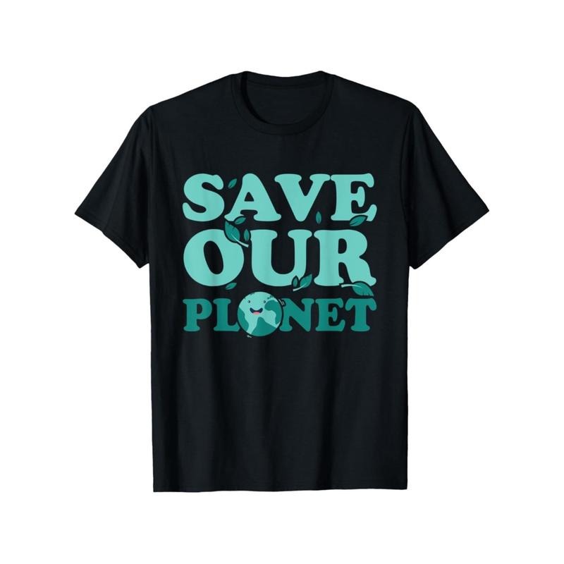 Save Our Planet" High-Quality 100% Cotton Short Sleeve T-Shirt- Black with Teal Print, Casual Round Neck, All-Season...