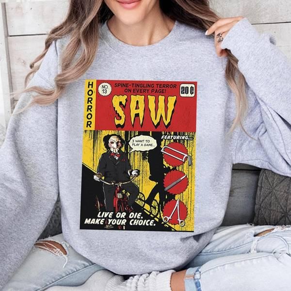 Saw Comic Shirt Jigsaw Horror Movie Shirt The Jigsaw Killer Horror Halloween Shirt Spooky Season Shirt Hoodie Sweatshirt