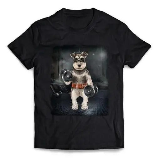 Schnauzer Dog Muscle Workout with Dumbbells at Gym - Short-Sleeve Unisex T-Shirt Made in USA Hoodie Sweatshirt