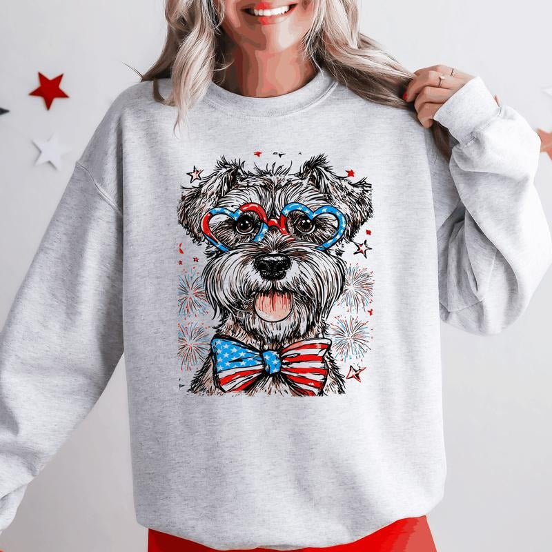 Schnauzer Patriotic Dog USA America Pet Lover 4th July Crew Neck Shirt Hoodie Sweatshirt