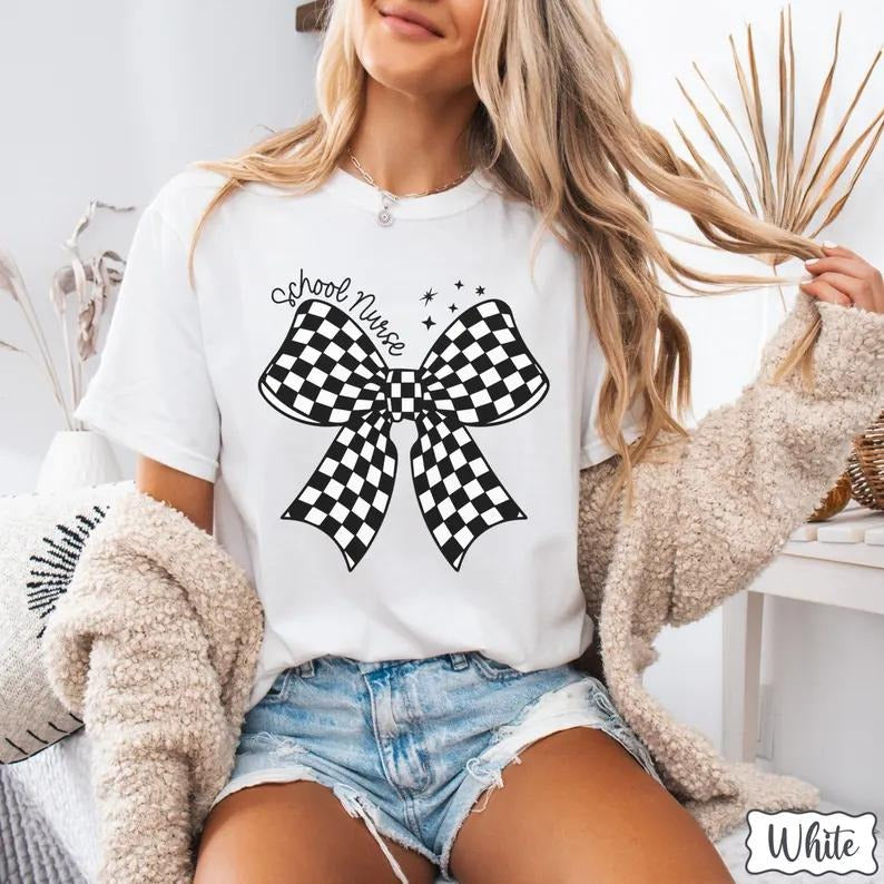 School Nurse Shirt, Retro Checkered Bow Nurse Shirt, Gift For RN Registered Nurse, Middle School, Elementary School Nurse...