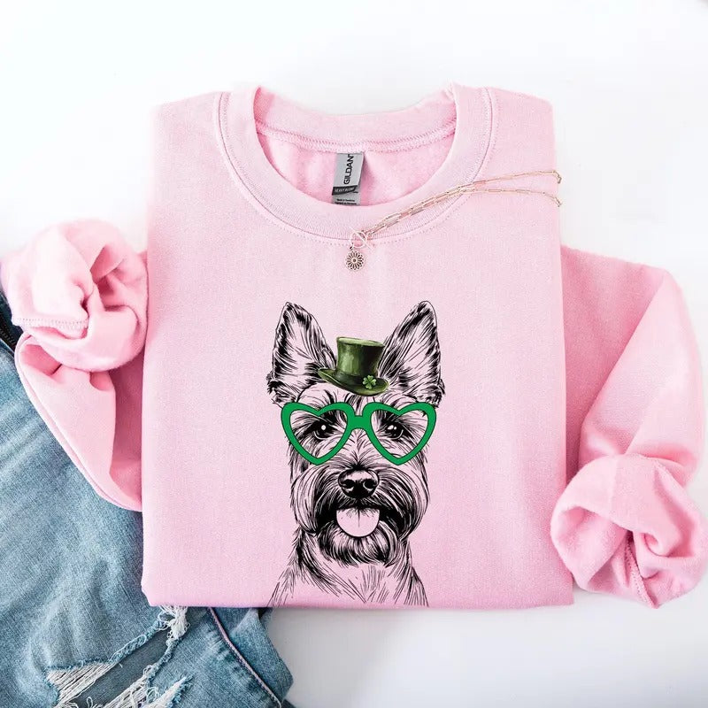 Scottish Terrier, Scotty, Adorable Dog, St Patrick's Day, Lucky, Irish Sweatshirt, Crew Neck, Women's, Crewneck Shirt Hoodie