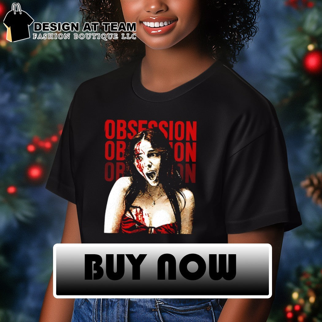 Screaming woman bloody tiger print top Obsession repeated text design shirt