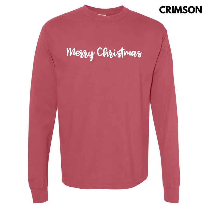 Script Merry Christmas Long Sleeve Comfort Colors T-Shirt 'NLB' Hoodie, Sweatshirt | PrintMintTees.com