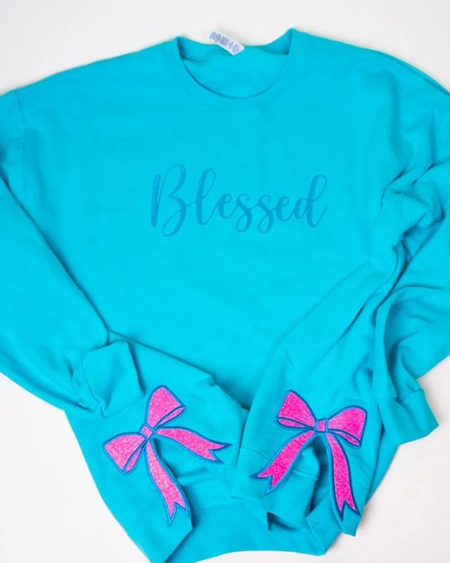 Scuba Blue Embroidered Side Bows Unisex NuBlend Crew Sweatshirt Fleece Womenswear Tops Cotton Shirt Hoodie