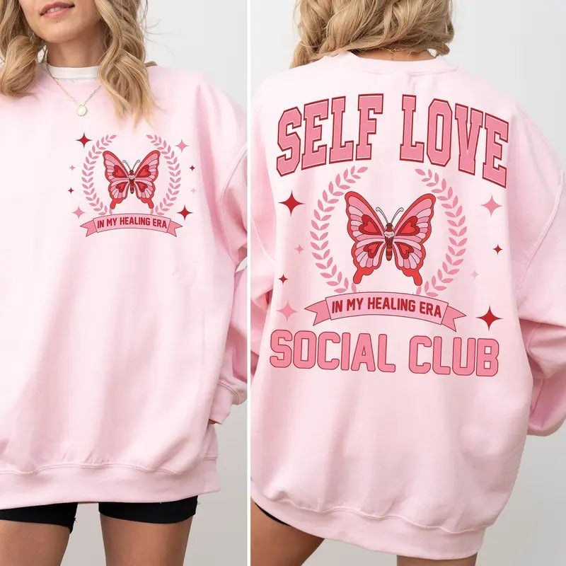Self Love Club Groovy Valentine'S Love Mental Health Back Pocket T-Shirts, Hoodie, Sweatshirt