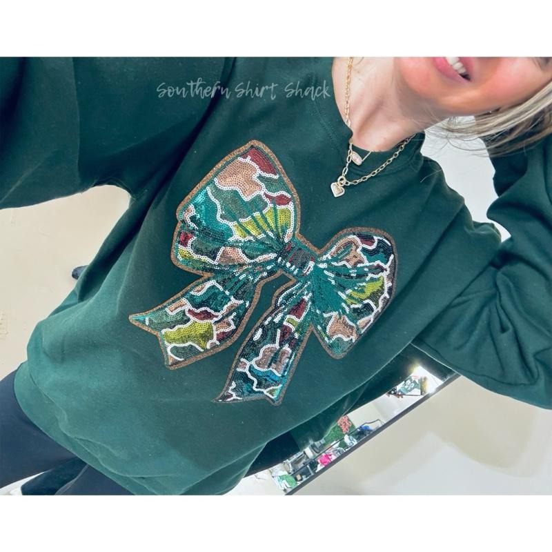 Sequin Camo Bow Patch Sweatshirt  | Camo Bow Sweatshirt | Hunting Wives Sweatshirt | Girls who Hunt Shirt Hoodie