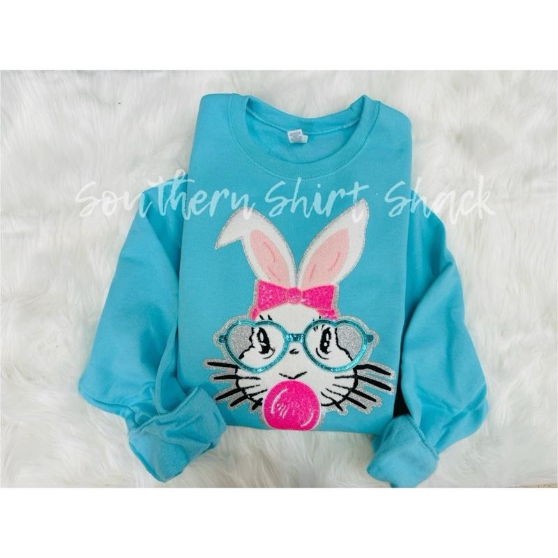 Sequin Chenille Patch Bubblegum Bunny Sweatshirt | Easter Bunny Sweatshirt Shirt Hoodie | PrintMintTees.com