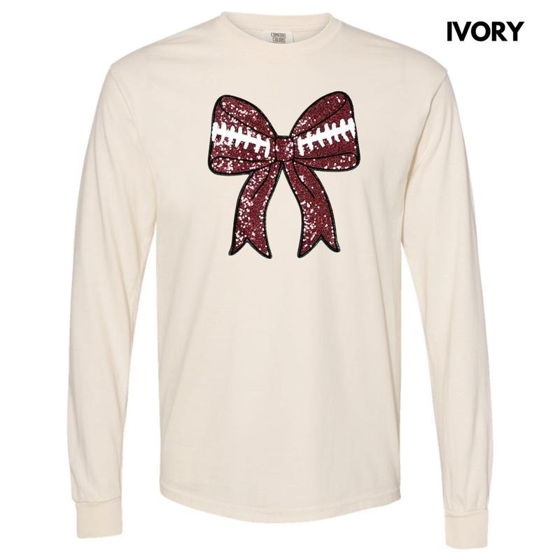 Sequin Football Bow Patch Long Sleeve Comfort Colors T-Shirt Hoodie, Sweatshirt | PrintMintTees.com