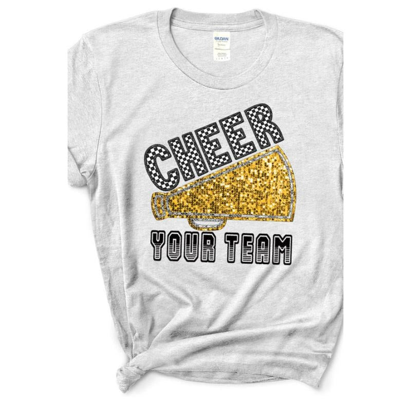 Sequin Gold Cheer Your Team Short Sleeve Relaxed Fit T-Shirt Hoodie Sweatshirt | PrintMintTees.com