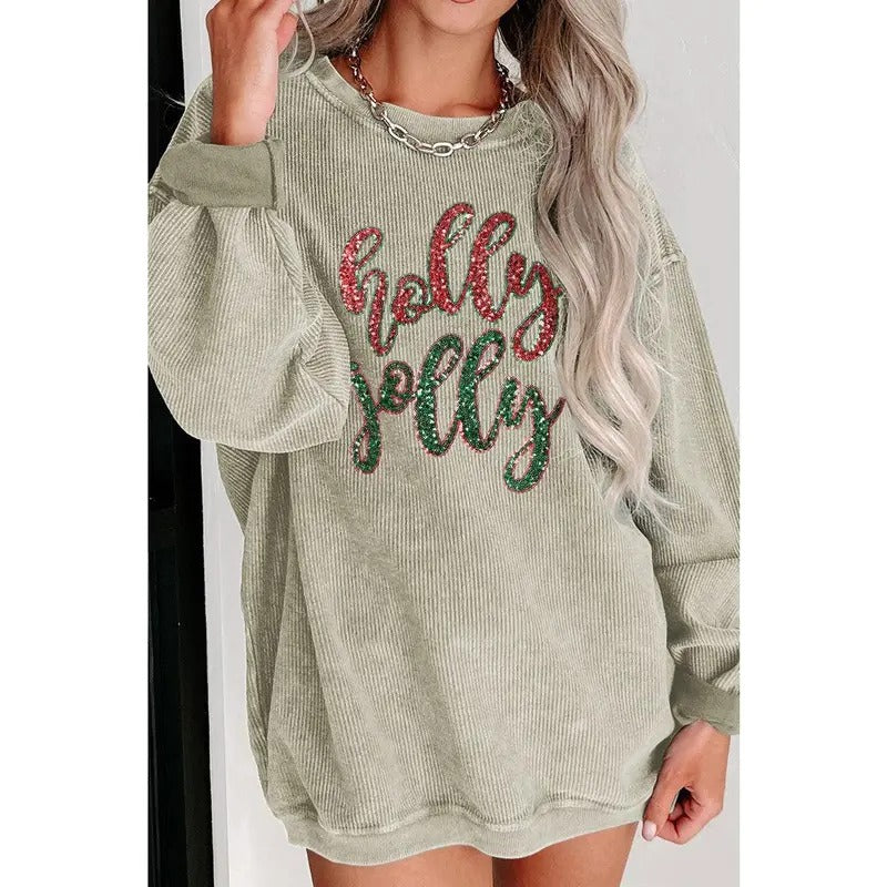 Sequin Holly Jolly Corded Sweatshirt Shirt Hoodie | PrintMintTees.com