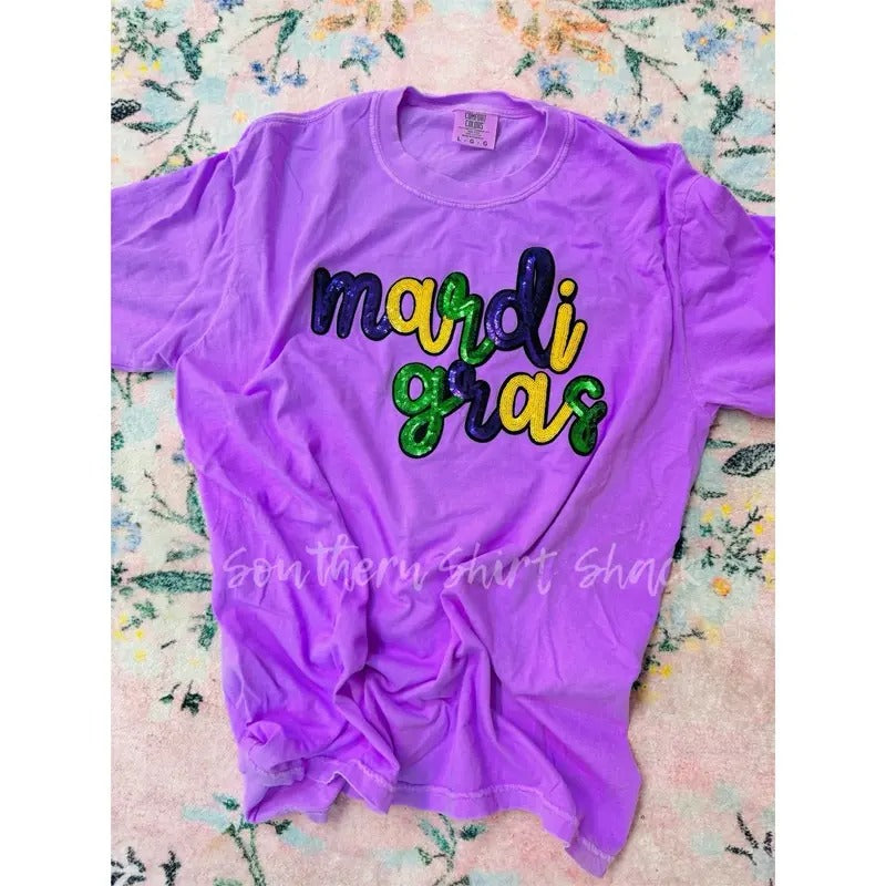Sequin Mardi Gras Patch Shirt  | neon violet comfort colors t shirt Hoodie Sweatshirt | PrintMintTees.com