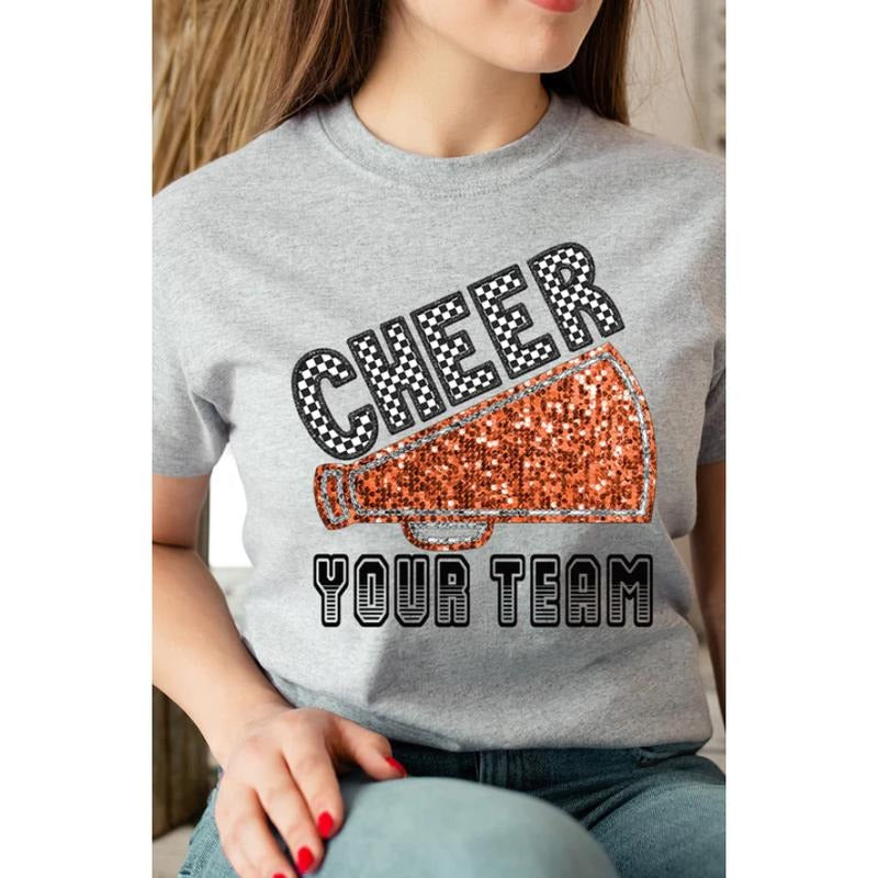 Sequin Orange Cheer Your Team Short Sleeve Relaxed Fit T-Shirt Hoodie Sweatshirt | PrintMintTees.com
