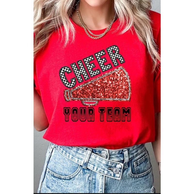 Sequin Red Cheer Your Team Short Sleeve Relaxed Fit T-Shirt Hoodie Sweatshirt | PrintMintTees.com