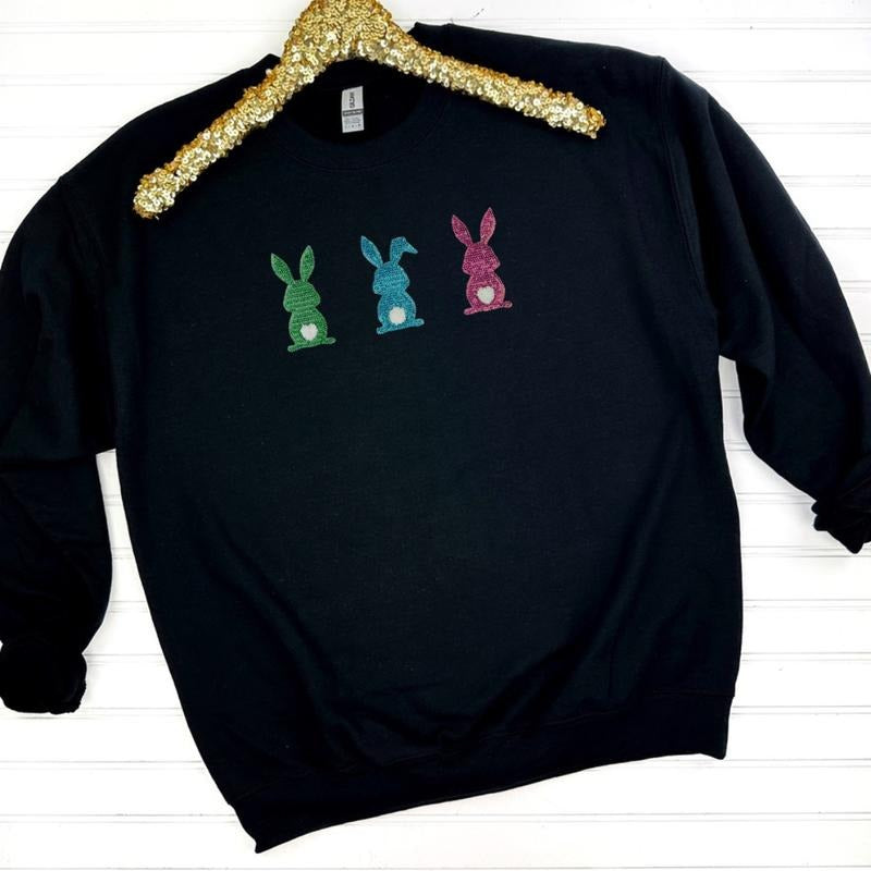Sequin Triple Bunny Patch Sweatshirt -- BLACK T-Shirts, Hoodie | PrintMintTees.com