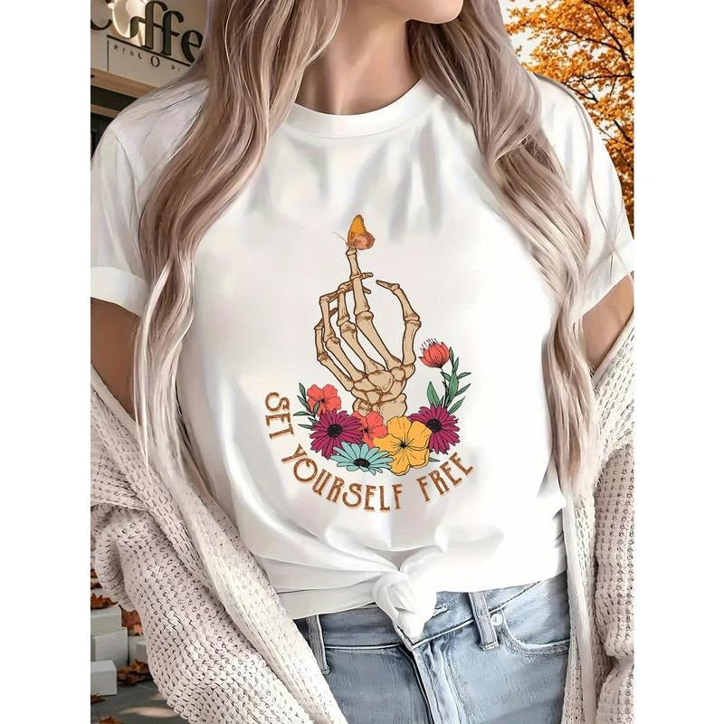 Set youself free  Women's Printed T-shirt, Short Sleeves, Four Seasons Can Be Worn for Outdoor, Home, Sports Top Gift...