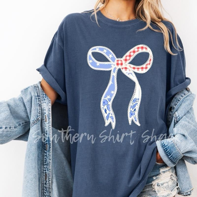 Shabby Chic Patriotic Bow t shirt  | Denim comfort colors t shirt | 4th of July T shirt Hoodie Sweatshirt | PrintMintTees.com