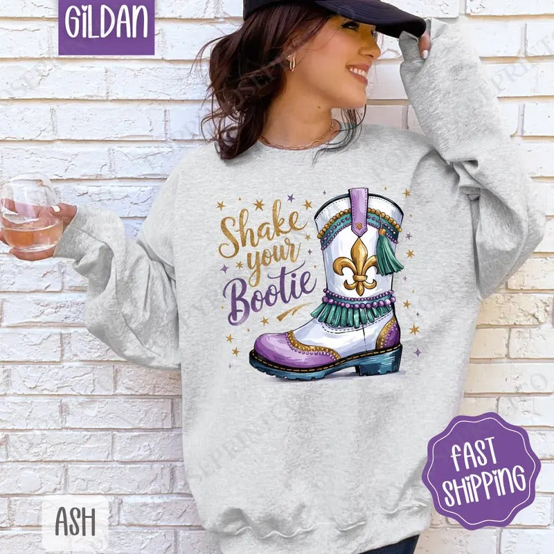 Shake Your Bootie Sweatshirt, Mardi Gras Crewneck, Holiday Women's Sweater T-Shirts, Hoodie | PrintMintTees.com