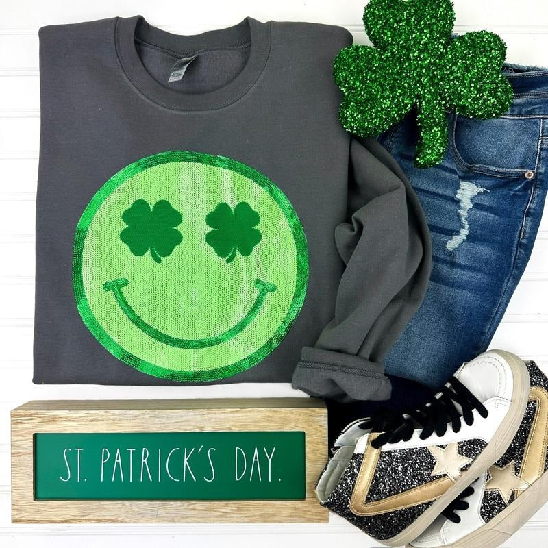 Shamrock Happy Face Patch Gildan Sweatshirt -- CHARCOAL T-Shirts, Hoodie | PrintMintTees.com