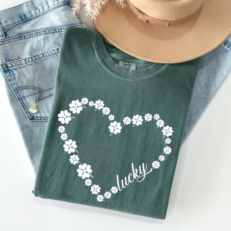 Shamrock Heart, Lucky, St Patrick's Day Comfort Colors Tshirt, Women's Crew Neck, Crewneck Hoodie Sweatshirt