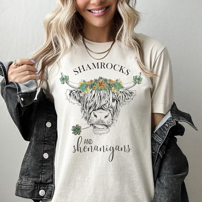Shamrock Highland Cow St. Patricks Day Shirt St. Patricks Day Cow St. Pattys Highland Cow Shamrock Shenanigans Shamrocks St. Pattys Sublimation Cozy Cow Top Womenswear Shirt Hoodie Sweatshirt