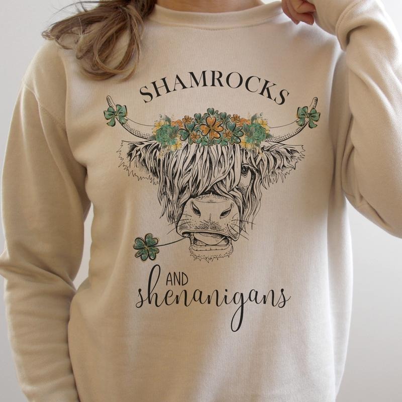 Shamrocks St. Patricks Day Sweatshirt Highland Cow St. Pattys Day Pullover Shamrock Cow Sweatshirt Comfort Fabric...