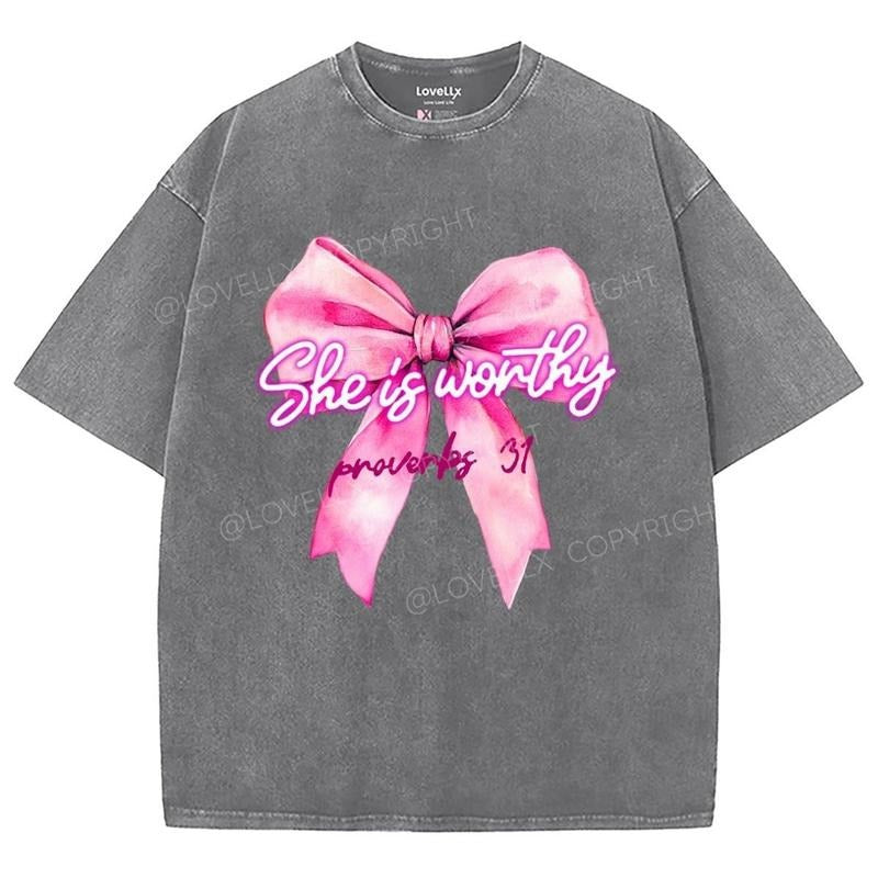 She Is Worthy Washed T-Shirt, Christian Jesus  t shirts, Vintage 90s Graphic Tee Gift Cotton Top Womenswear Bottom Hoodie...