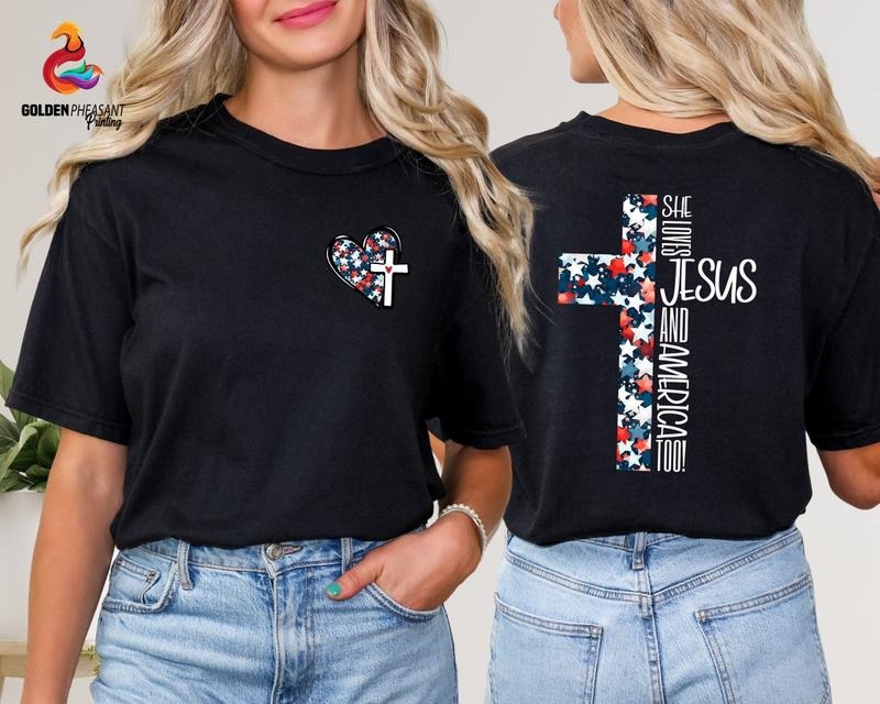 She Loves Jesus And America Too Shirt, 4th Of July Shirt, Christian Shirt Hoodie Sweatshirt | PrintMintTees.com