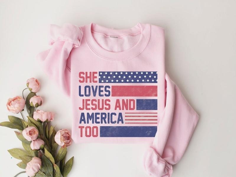 She Loves Jesus and America Too T Shirt, Spiritual Women Tee, Religious 4th of July Shirt, Christian Fourth of July Gift,...