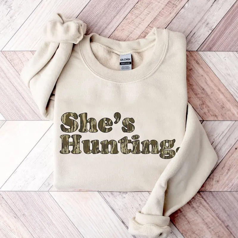 She is Hunting Camoflauge Bottomland Pattern Sweatshirt, Hunting Camo Unisex Shirt, Full Sizes, Full Colors Hoodie