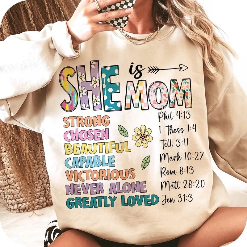 She is Mom Shirt, Flower Mom Shrt, Blessed Mom, Mother's Day Shirt, Retro Mama Quotes Cotton Womenswear Hoodie Sweatshirt