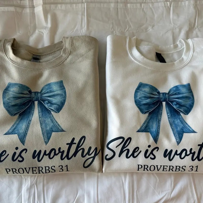 She is Worthy Christian Sweatshirt Proverbs 31 Sweatshirt Christian Sweatshirt Shirt Hoodie | PrintMintTees.com