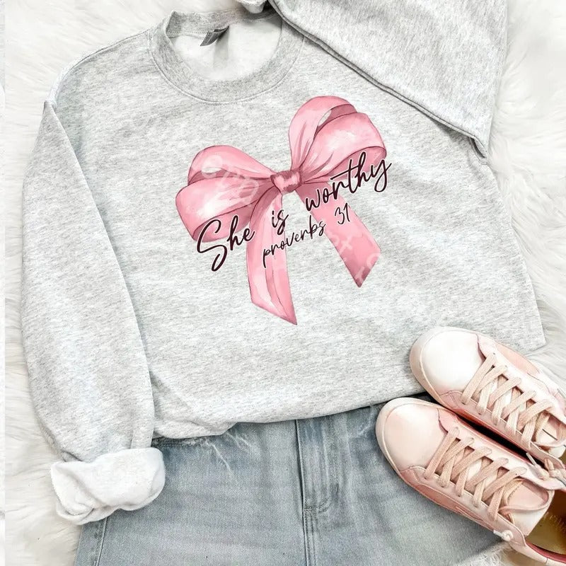 She is Worthy coquette bow Sweatshirt | Ash Gray Sweatshirt jesus shirt Hoodie | PrintMintTees.com