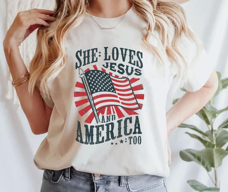 She loves Jesus and America Too Shirt, Christian Shirt, 4th of July Shirt Hoodie Sweatshirt | PrintMintTees.com