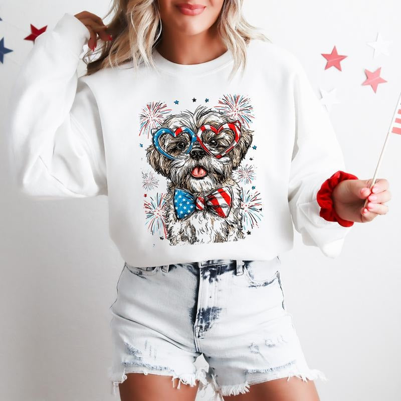 Shih Tzu Patriotic Dog, USA, America, Pet Lover, 4th of July Sweatshirt, Crew Neck, Women's, Crewneck T-Shirts, Hoodie