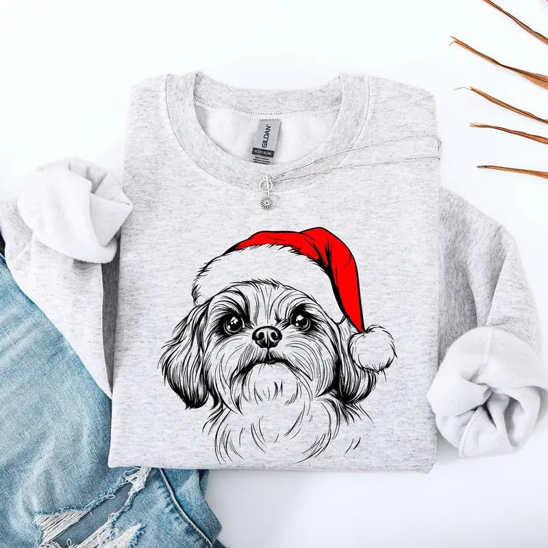 Shih Tzu, Santa, Dog, Christmas, Dog Lover, Pet Sweatshirt, Crew Neck, Women's, Crewneck T-Shirts, Hoodie | PrintMintTees.com